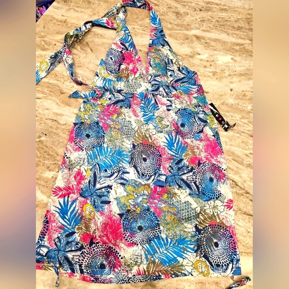 Eye Candy NWT Halter Sundress L Tropical Floral Cotton Summer Dress